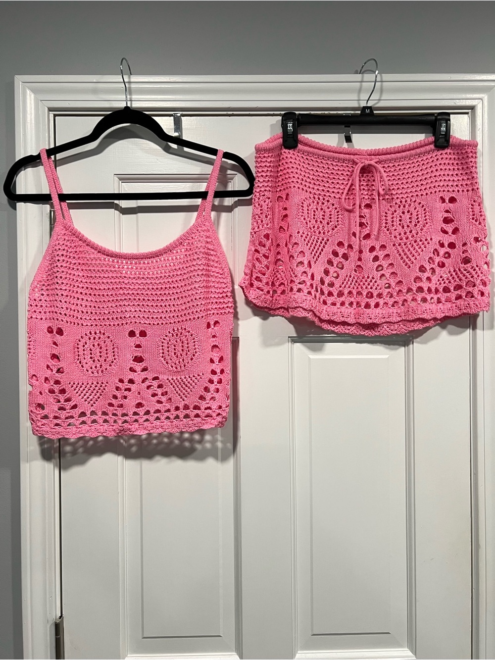 Pink Crochet Swim Cover-Up Set – Tank & Drawstring Skirt – Size Medium